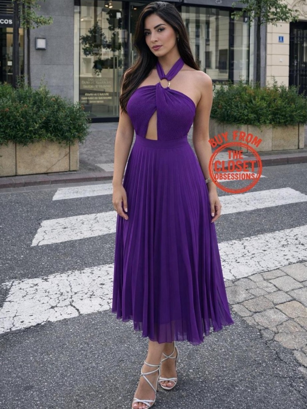 Zara Purple One-Shoulder Pleated Midi Dress